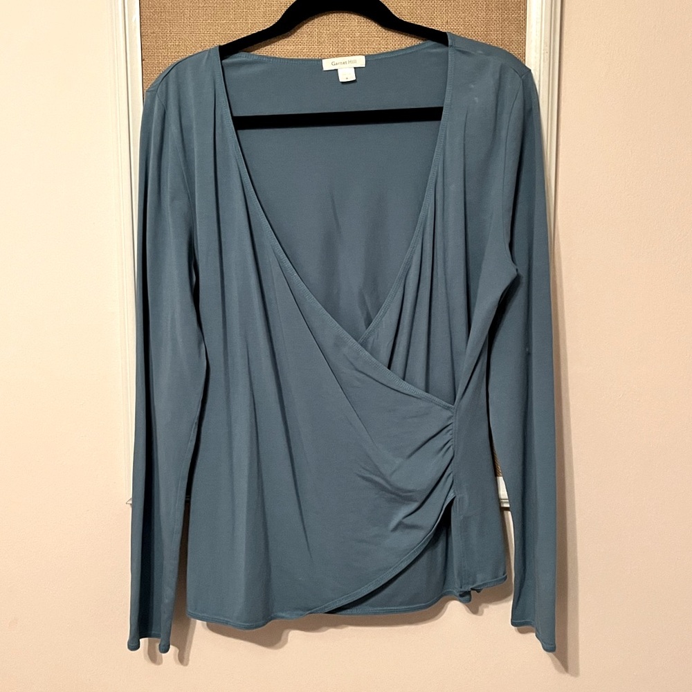 Long sleeve faux wrap blue Garnet Hill blouse. Size M.
